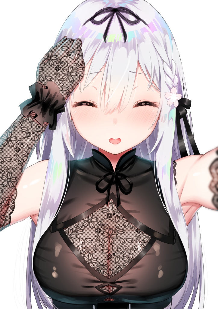 1girl :d ^_^ arm_up bangs bare_shoulders black_bow black_dress black_ribbon blush bow braid breasts brown_gloves character_request cleavage closed_eyes closed_eyes dress elbow_gloves eyebrows_visible_through_hair facing_viewer flower gloves hair_between_eyes hair_bow hair_flower hair_ornament hair_ribbon kinu_channel lace lace_gloves large_breasts long_hair open_mouth pink_flower reaching_out ribbon see-through self_shot silver_hair simple_background sleeveless sleeveless_dress smile solo upper_body very_long_hair virtual_youtuber white_background yasuyuki