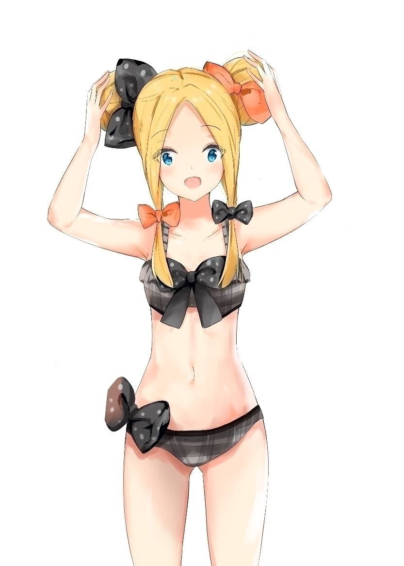 1girl :d abigail_williams_(fate/grand_order) arms_up bangs bare_arms bare_shoulders bikini black_bow blonde_hair blue_eyes blush bow breasts collarbone commentary_request cowboy_shot double_bun eyebrows_visible_through_hair fate/grand_order fate_(series) forehead gluteal_fold grey_bikini hair_bow head_tilt looking_at_viewer navel open_mouth orange_bow parted_bangs plaid plaid_bikini polka_dot polka_dot_bow side_bun simple_background small_breasts smile solo standing swimsuit white_background yukaa