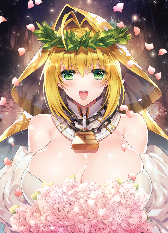 1girl :d ahoge blonde_hair bouquet breasts bride chains cleavage detached_collar fate/grand_order fate_(series) flower green_eyes hair_intakes head_wreath holding holding_bouquet huge_breasts kurumi_moka lock looking_at_viewer nero_claudius_(bride)_(fate) nero_claudius_(fate)_(all) open_mouth padlock petals pink_flower pink_rose puffy_sleeves rose rose_petals short_hair smile solo upper_body veil white_flower white_sleeves
