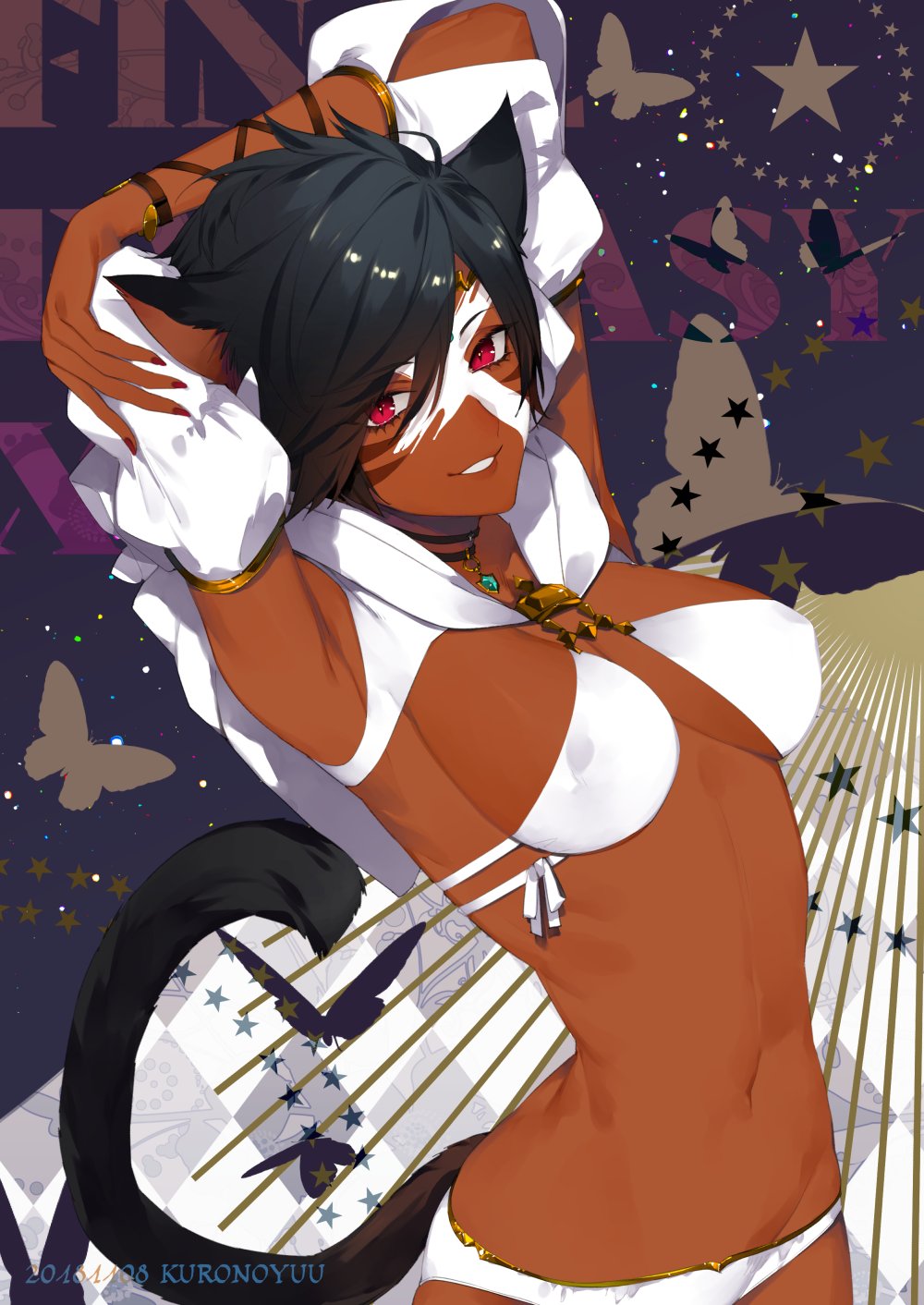 1girl animal_ears arm_up armpits arms_behind_head artist_name bangs black_hair breasts bug butterfly cat_ears cat_tail commentary_request dark_skin facial_mark final_fantasy final_fantasy_xiv fingernails highres hood hood_down insect jewelry kurono_yuu lips looking_at_viewer medium_breasts miqo'te nail_polish navel necklace panties parted_lips shiny shiny_hair simple_background smile solo star starry_background tail underwear violet_eyes