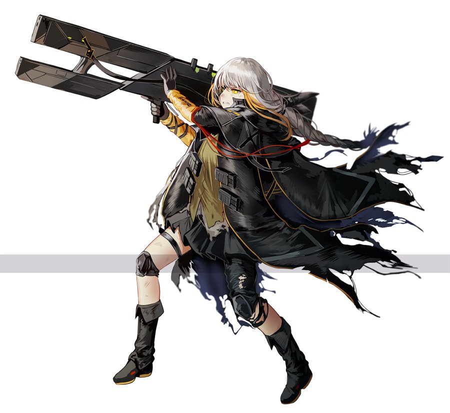 1girl artillery carrying_over_shoulder commentary_request eyepatch girls_frontline jacket knee_pads korean_commentary m16a1_(girls_frontline) m16a1_(girls_frontline)_(boss) over_shoulder silence_girl spoilers torn_clothes weapon weapon_over_shoulder white_hair