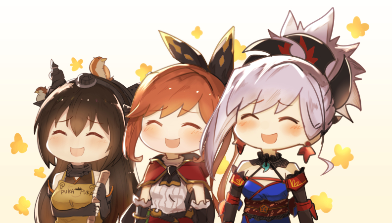 3girls :d animal animal_on_head apron arito_arayuru asymmetrical_hair bare_shoulders bird bird_on_head black_gloves black_hair blue_kimono blush clarisse_(granblue_fantasy) closed_eyes detached_sleeves elbow_gloves fate_(series) fingerless_gloves gloves granblue_fantasy hair_ornament hair_ribbon headgear japanese_clothes kantai_collection kimono leaf_print long_hair magatama maple_leaf_print miyamoto_musashi_(fate/grand_order) multiple_girls nagato_(kantai_collection) obi on_head open_mouth orange_hair pink_hair ponytail puka_puka ribbon sakura_ayane sash seiyuu_connection short_kimono simple_background sleeveless sleeveless_kimono smile test_tube