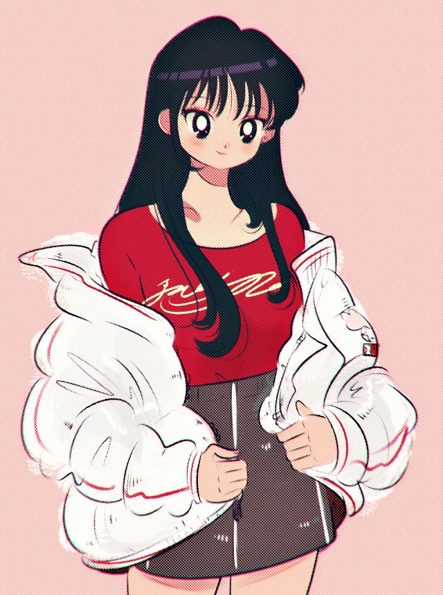 1girl bangs bishoujo_senshi_sailor_moon black_eyes black_hair breasts collarbone cowboy_shot grey_skirt hino_rei jacket long_hair looking_at_viewer moricky off_shoulder pink_background red_shirt shirt simple_background skirt smile solo white_jacket