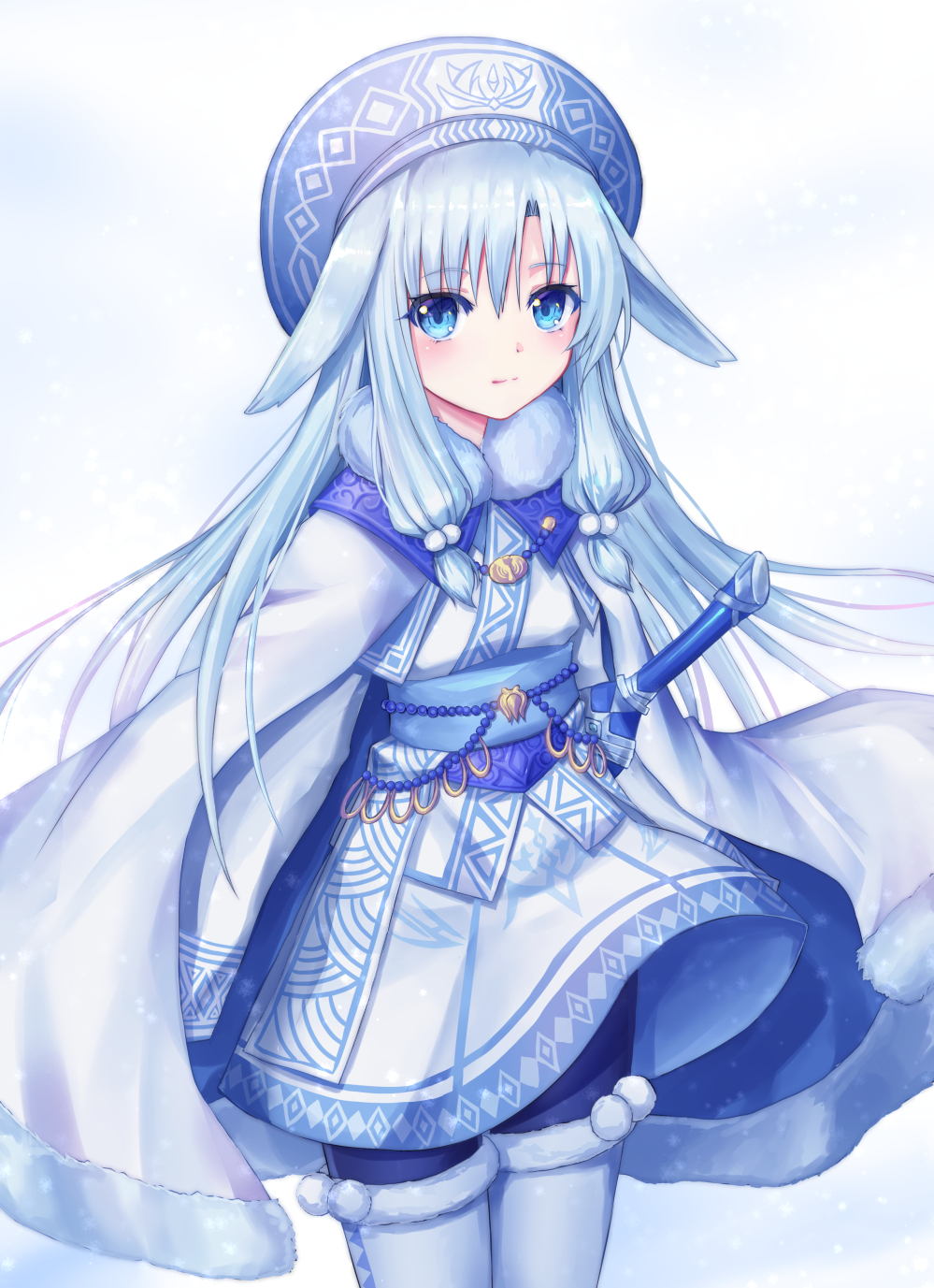 1girl ainu_clothes animal_ears bangs black_legwear blue_eyes blue_hair blue_hat cape closed_mouth commentary_request eyebrows_visible_through_hair fate/grand_order fate_(series) fur-trimmed_cape fur_trim hair_between_eyes hair_ornament hat highres illyasviel_von_einzbern light_smile long_hair long_sleeves looking_at_viewer pantyhose pom_pom_(clothes) seungju_lee sidelocks sitonai solo standing very_long_hair white_cape