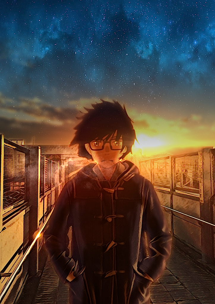 1boy black-framed_eyewear black_coat black_hair frown glasses hands_in_pockets kiriyama_rei looking_at_viewer male_focus outdoors sangatsu_no_lion solo standing sunday-offline sunset visible_air