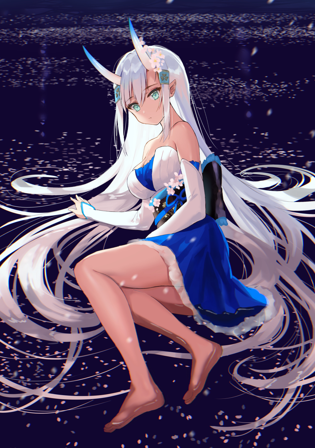 1girl absurdly_long_hair aqua_eyes arm_support bangs bare_legs bare_shoulders barefoot breasts cleavage closed_mouth commentary_request detached_sleeves dress flower full_body hair_flower hair_ornament highres horns japanese_clothes kiyosato0928 long_hair looking_at_viewer medium_breasts obi original partially_submerged petals pointy_ears sash sidelocks sitting solo strapless strapless_dress very_long_hair water white_hair yokozuwari