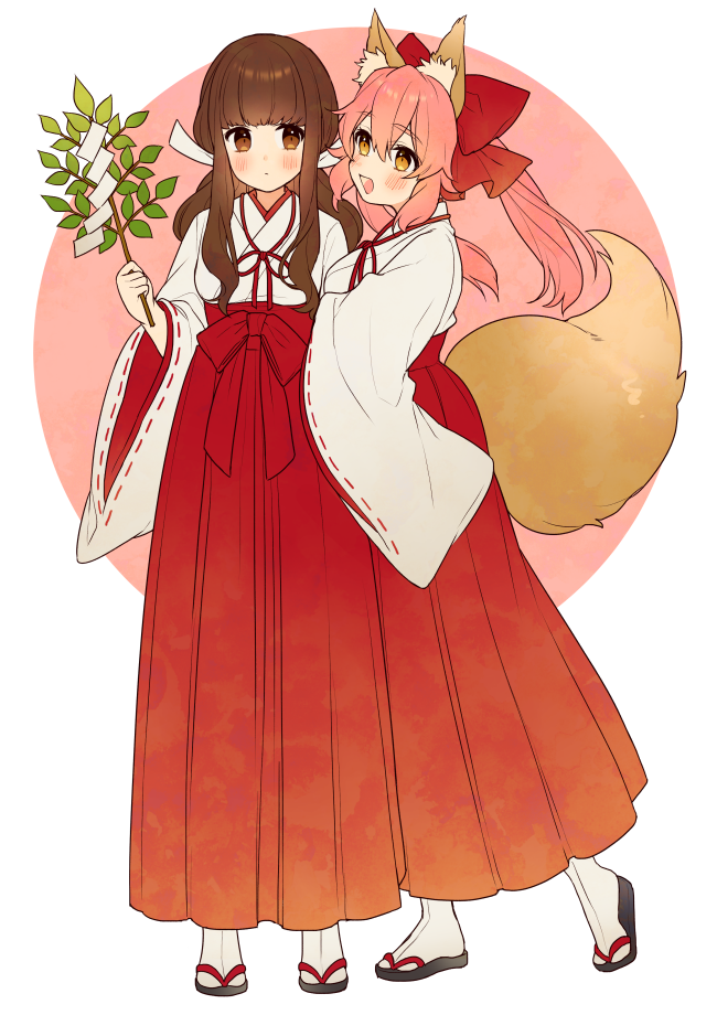 2girls :d animal_ear_fluff bangs black_footwear blush bow branch brown_eyes brown_hair closed_mouth eyebrows_visible_through_hair fate/extra fate_(series) food fox_girl fox_tail hair_between_eyes hair_bow hakama japanese_clothes karokuchitose kimono kishinami_hakuno_(female) long_hair long_sleeves miko multiple_girls open_mouth pink_background pink_hair red_bow red_hakama ribbon-trimmed_sleeves ribbon_trim shide short_kimono smile socks standing tabi tail tamamo_(fate)_(all) tamamo_no_mae_(fate) twintails two-tone_background white_background white_kimono white_legwear wide_sleeves zouri