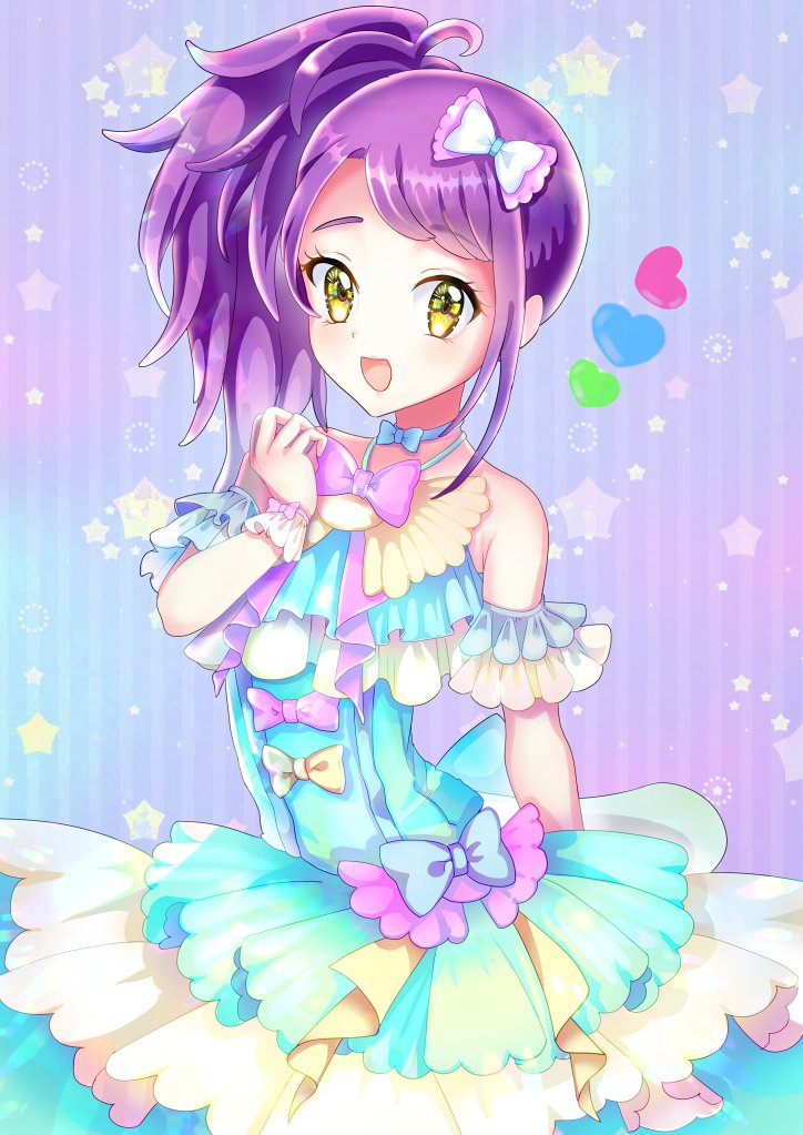 1girl 808taro :d antenna_hair arm_strap blue_bow blue_dress bow bowtie dress hair_bow high_ponytail layered_dress long_hair looking_at_viewer open_mouth pink_bow pripara purple_hair shiny shiny_hair side_ponytail smile solo standing striped striped_background toudou_shion white_bow wrist_cuffs yellow_eyes
