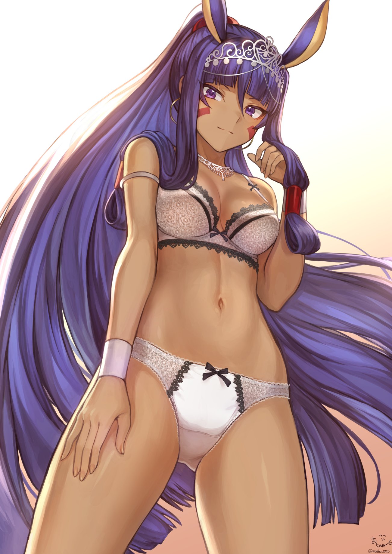 1girl animal_ears bangs blunt_bangs bra breasts cleavage cowboy_shot dark_skin earrings facial_mark fate/grand_order fate_(series) from_below gradient gradient_background hair_tubes hand_on_own_thigh hand_up highres hoop_earrings jewelry lace lace-trimmed_bra long_hair looking_at_viewer mashu_003 medium_breasts navel necklace nitocris_(fate/grand_order) nitocris_(swimsuit_assassin)_(fate) panties ponytail purple_hair sidelocks simple_background smile solo strap_slip tiara underwear underwear_only very_long_hair white_bra white_panties wristband