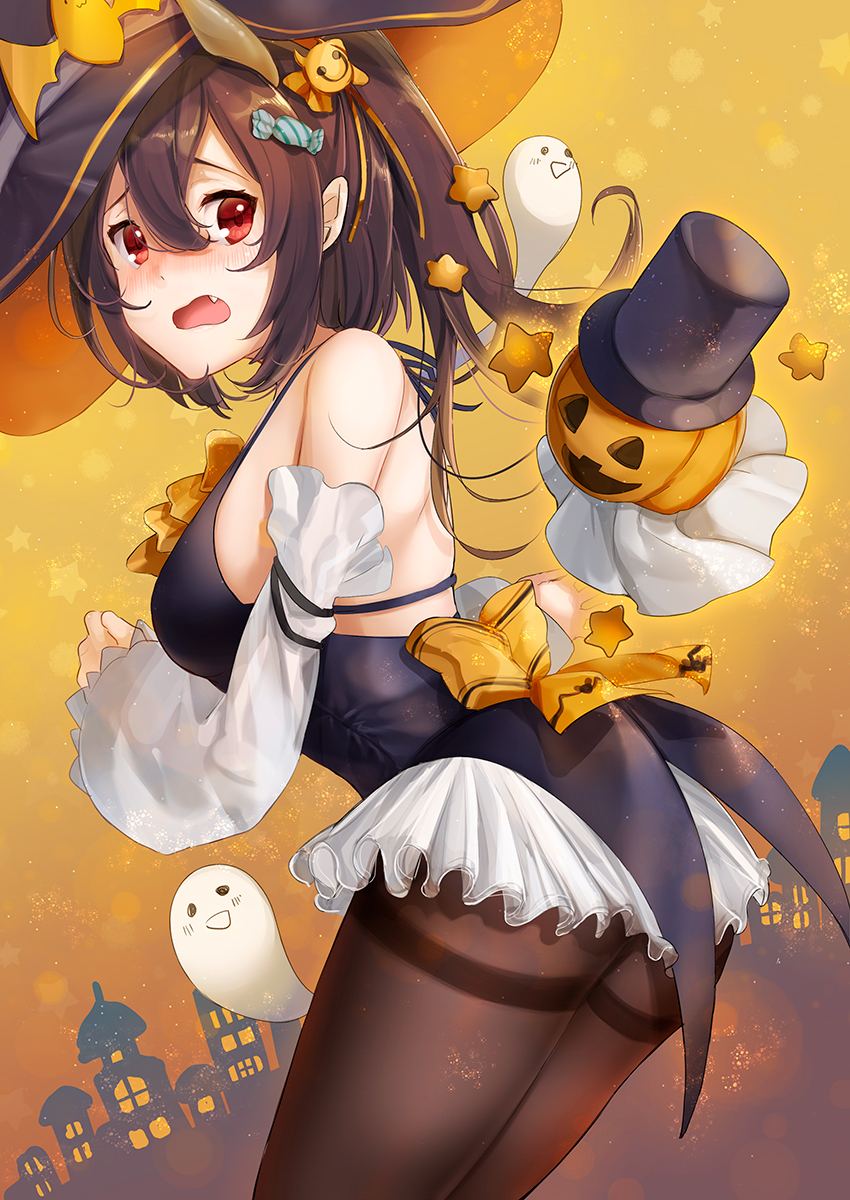 1girl ass azur_lane bat_ornament black_dress black_hair black_legwear blush bow breasts candy candy_hair_ornament city detached_sleeves dress food food_themed_hair_ornament frilled_dress frills ghost hair_between_eyes hair_ornament halloween hat highres horns isuzu_(azur_lane) jack-o'-lantern kelly_0w0 long_hair long_sleeves looking_at_viewer looking_back medium_breasts night open_mouth orange_bow orange_neckwear orange_ribbon orange_sky pantyhose pointy_ears ribbon side_ponytail silhouette sky star tailcoat tears thighband_pantyhose top_hat witch_hat