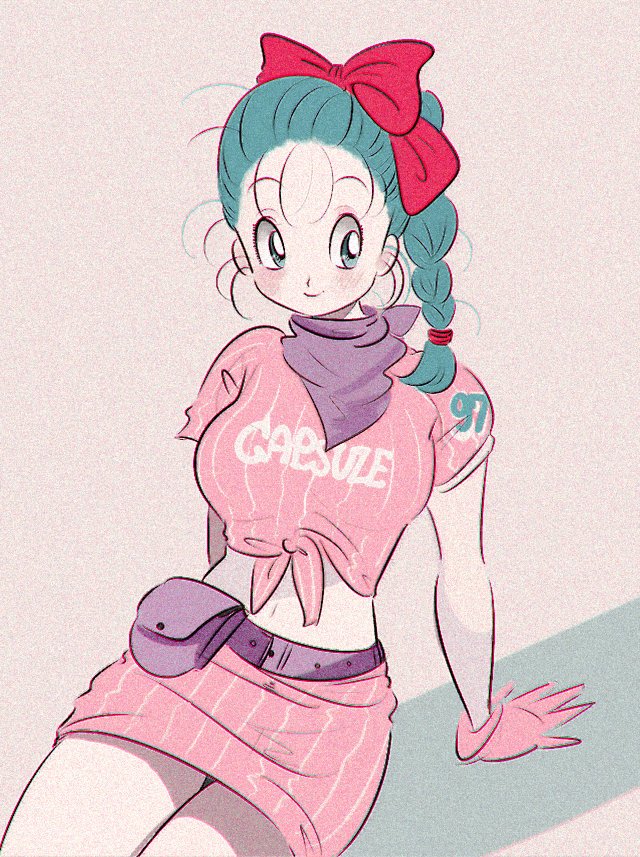 1girl aqua_hair blush bow braid breasts bulma cowboy_shot dragon_ball gloves long_hair looking_to_the_side medium_breasts miniskirt moricky navel pale_skin pink_gloves pink_shirt pink_skirt red_bow shirt short_sleeves sitting skirt smile solo tied_shirt