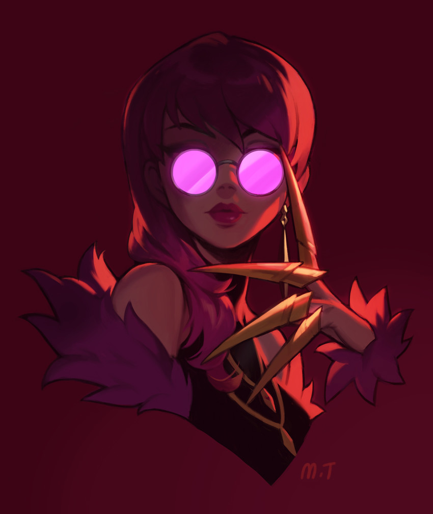 1girl bangs claw_(weapon) earrings evelynn eyelashes feather_boa idol jewelry k/da_(league_of_legends) k/da_evelynn league_of_legends lips lipstick looking_at_viewer m_t makeup opaque_glasses purple_hair purple_lipstick red_background round_eyewear signature solo sunglasses swept_bangs upper_body weapon