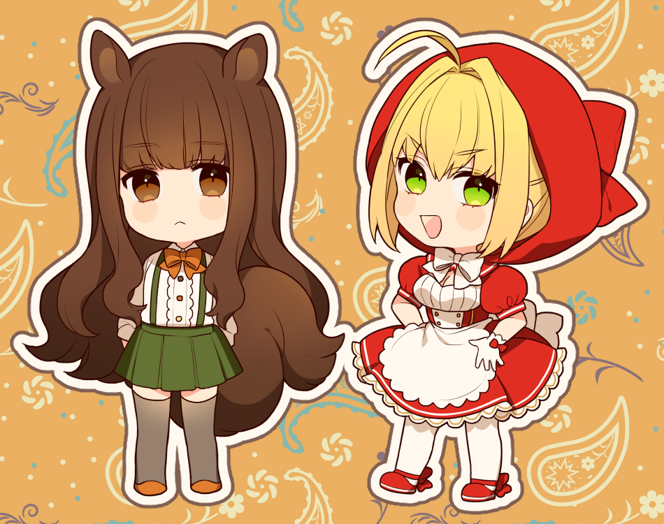 2girls :d ahoge animal_ears apron bangs blonde_hair blush bow breasts brown_eyes brown_footwear brown_hair cleavage dress eyebrows_visible_through_hair fate/extra fate_(series) gloves green_eyes green_skirt grey_legwear hair_between_eyes hair_intakes hands_on_hips hood hood_up karokuchitose kemonomimi_mode kishinami_hakuno_(female) long_hair looking_at_viewer medium_breasts multiple_girls nero_claudius_(fate) nero_claudius_(fate)_(all) open_mouth pantyhose pleated_skirt puffy_short_sleeves puffy_sleeves red_bow red_dress red_footwear shirt shoes short_sleeves sidelocks skirt smile suspender_skirt suspenders tail thigh-highs very_long_hair waist_apron white_apron white_bow white_gloves white_legwear white_shirt