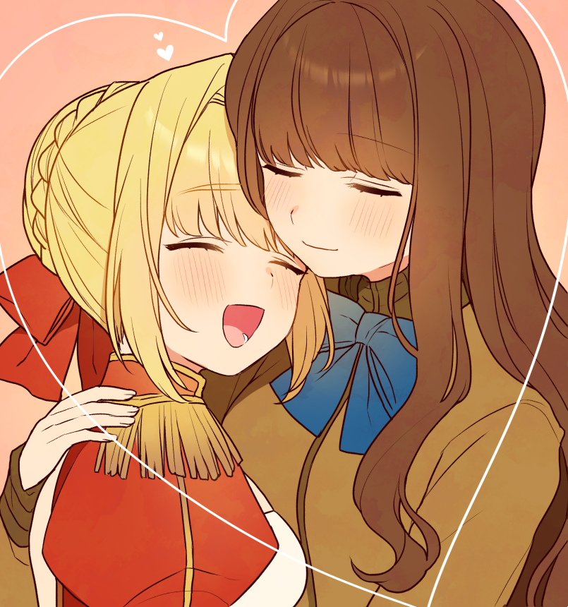 2girls :d bangs blonde_hair blue_bow blush bow braid brown_background brown_hair brown_jacket closed_eyes closed_mouth dress epaulettes eyebrows_visible_through_hair fate/extra fate_(series) hair_bow hair_bun heart hug jacket karokuchitose kishinami_hakuno_(female) long_hair multiple_girls nero_claudius_(fate) nero_claudius_(fate)_(all) open_mouth puffy_sleeves red_bow red_dress sidelocks smile