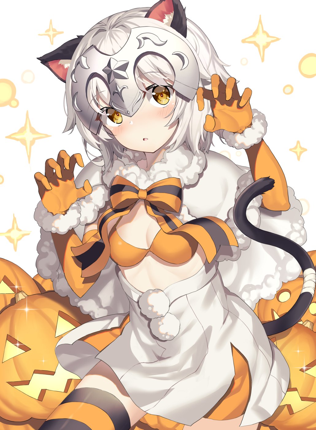 1girl akae_neo alternate_costume animal_ears blush bow breasts cleavage commentary_request fake_animal_ears fake_tail fate/grand_order fate_(series) gloves halloween halloween_costume headpiece highres jack-o'-lantern jeanne_d'arc_(fate)_(all) jeanne_d'arc_alter_santa_lily looking_at_viewer pumpkin ribbon short_hair silver_hair small_breasts solo striped striped_bow striped_legwear striped_ribbon tail yellow_eyes