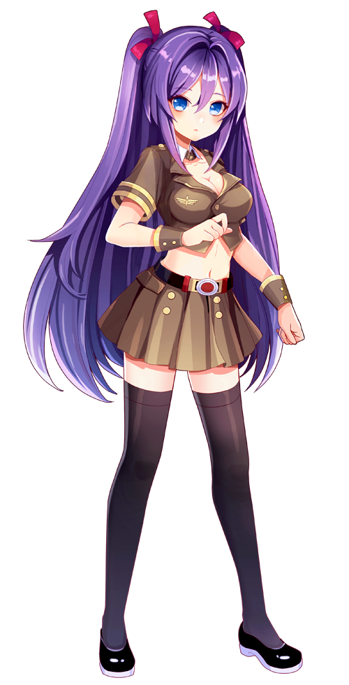 1girl belt black_footwear black_legwear blue_eyes bow breasts brown_collar brown_skirt cleavage clenched_hand full_body hair_between_eyes hair_bow long_hair looking_at_viewer medium_breasts navel official_art patriarch_xtasy pink_bow purple_hair skirt solo standing takeshi_oriana_emi thigh-highs transparent_background twintails very_long_hair wrist_cuffs