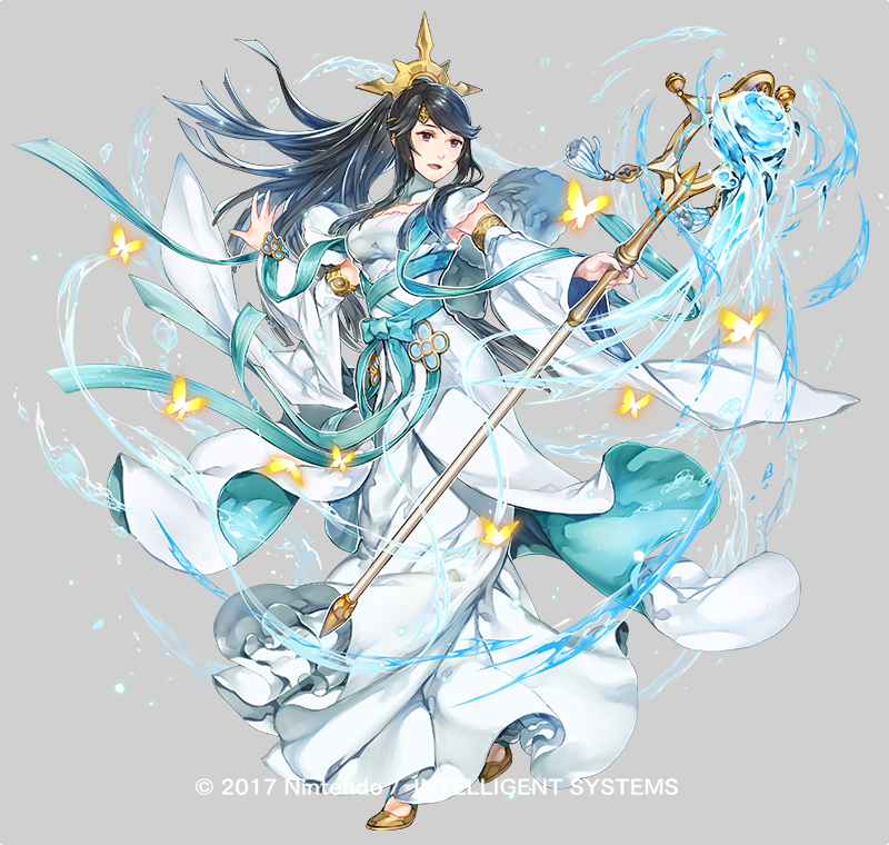 1girl black_hair breasts dress elbow_gloves fire_emblem fire_emblem_heroes fire_emblem_if gloves hairband itou_misei jewelry long_hair looking_at_viewer mikoto_(fire_emblem_if) nintendo official_art ponytail simple_background solo staff