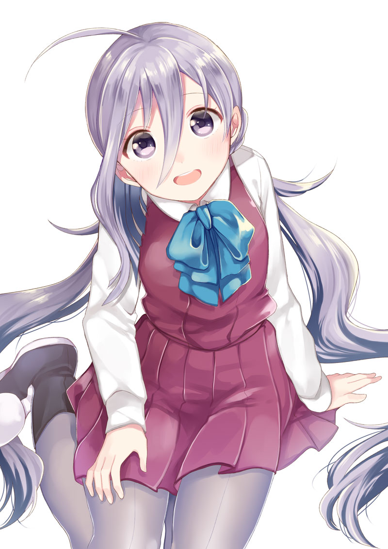 1girl ahoge blush bow bowtie dress eyebrows_visible_through_hair grey_eyes grey_hair grey_legwear hair_between_eyes halterneck ishita_(sunagimomo) kantai_collection kiyoshimo_(kantai_collection) long_hair looking_at_viewer looking_up low_twintails open_mouth pantyhose school_uniform shirt simple_background sitting sleeveless sleeveless_dress solo twintails very_long_hair white_background white_shirt