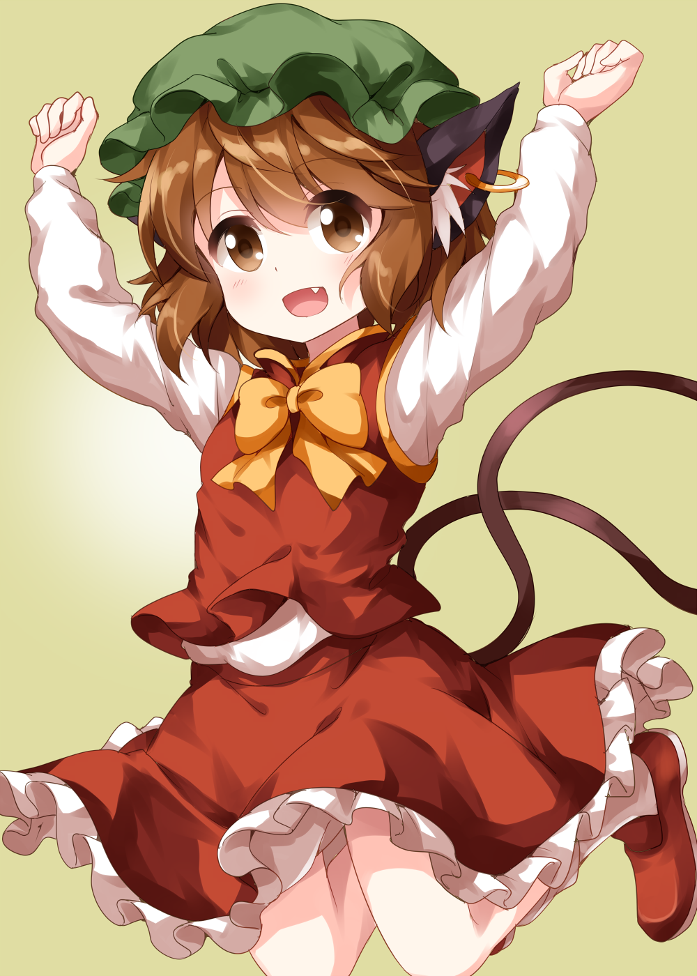 1girl :d animal_ear_fluff animal_ears arms_up bow bowtie brown_eyes brown_hair cat_ears cat_tail chen eyes_visible_through_hair fang frilled_skirt frills hat highres jewelry long_sleeves looking_at_viewer mob_cap multiple_tails open_mouth red_footwear red_skirt red_vest ruu_(tksymkw) shirt shoes simple_background single_earring skirt skirt_set smile solo tail touhou two_tails vest white_shirt yellow_background yellow_neckwear