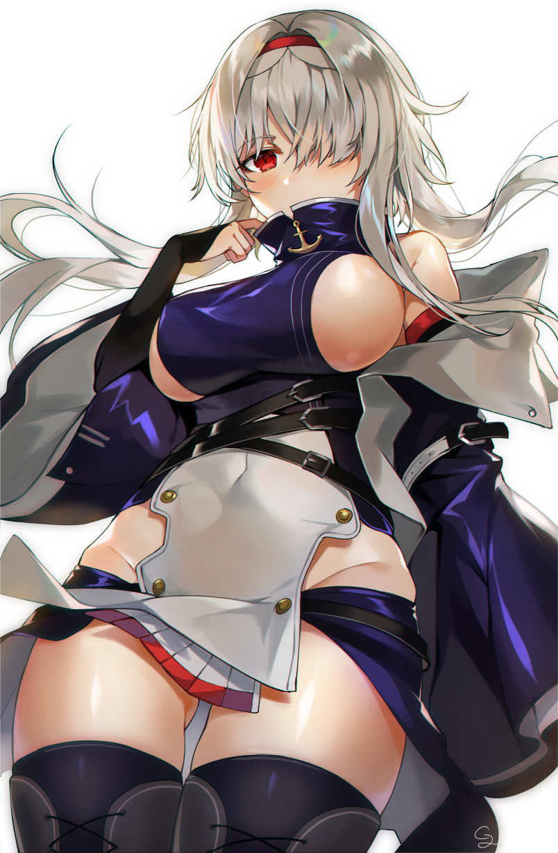 1girl anchor_symbol arm_strap ass_visible_through_thighs azur_lane bangs belt belt_buckle belt_collar black_skirt blue_hairband boots breasts buckle colorado_(azur_lane) covered_navel covered_nipples cross-laced_footwear detached_sleeves dress elbow_gloves expressionless fingerless_gloves gijang gloves groin hair_over_one_eye hairband hand_up highres jacket large_breasts long_hair looking_at_viewer medium_breasts multiple_straps open_mouth pelvic_curtain red_eyes sideboob sidelocks silver_hair simple_background skindentation skirt sleeveless sleeveless_dress solo thigh-highs thigh_boots white_background white_hair wide_sleeves