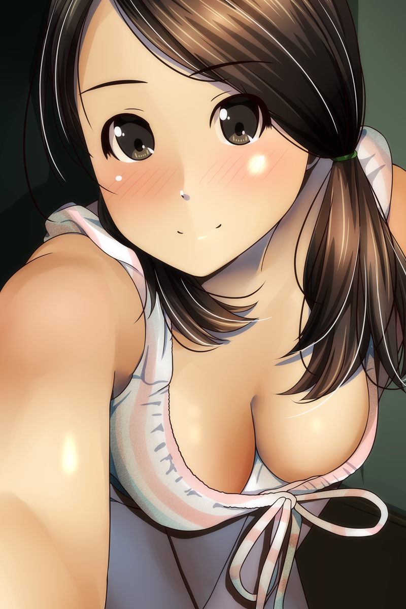 1girl bangs bare_shoulders blush breasts brown_eyes brown_hair cleavage closed_mouth collarbone commentary_request downblouse eyebrows_visible_through_hair hair_tie head_tilt highres leaning_forward long_hair looking_at_viewer low_twintails matsunaga_kouyou medium_breasts nose_blush original outstretched_arm pink_skirt self_shot skirt smile solo standing striped swept_bangs twintails