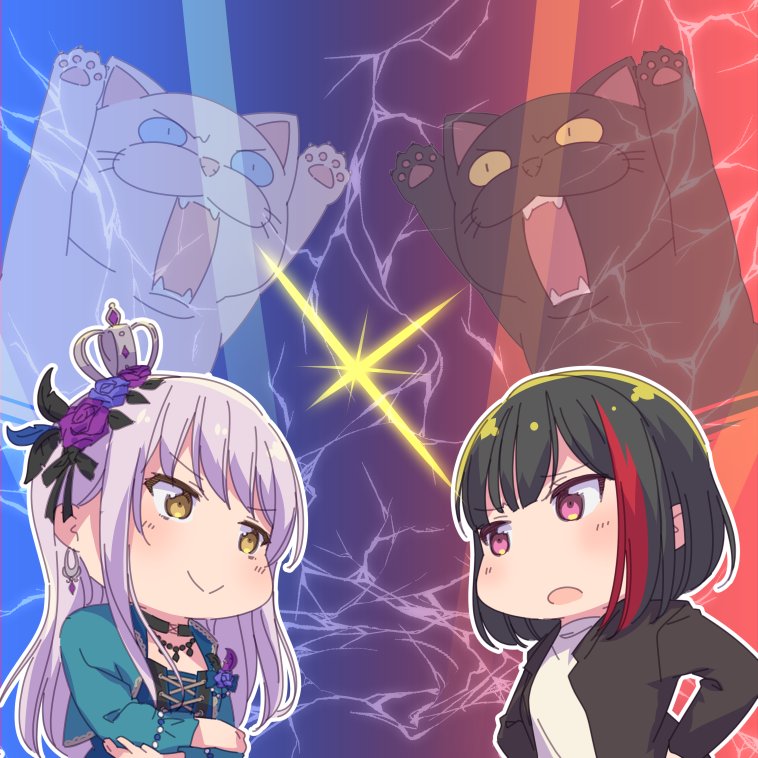 &gt;:) 2girls animal ayasaka bang_dream! bangs black_cat black_feathers black_hair black_jacket black_ribbon blue_feathers blue_flower blue_rose bob_cut brown_eyes cat choker commentary_request cross-laced_clothes crossed_arms crown earrings feathers flower glint hair_feathers hair_flower hair_ornament hair_ribbon jacket jewelry lavender_hair long_hair long_sleeves looking_at_another minato_yukina mitake_ran multicolored_hair multiple_girls necklace open_mouth outline purple_flower purple_rose redhead ribbon rose shirt short_hair streaked_hair upper_body violet_eyes white_cat white_outline white_shirt