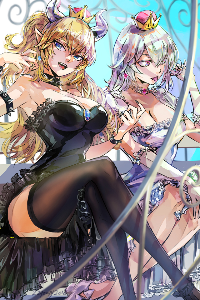2girls armpit bare_shoulders black_dress blonde_hair blue_eyes bowsette breasts brooch cleavage crossed_legs dress earrings horns large_breasts super_mario_bros. multiple_girls nintendo open_mouth pointy_ears princess_king_boo red_eyes sitting spiked_armlet spiked_bracelet spiked_collar super_crown super_mario_bros. thigh_highs tongue tongue_out white_dress white_hair zzyzzyy