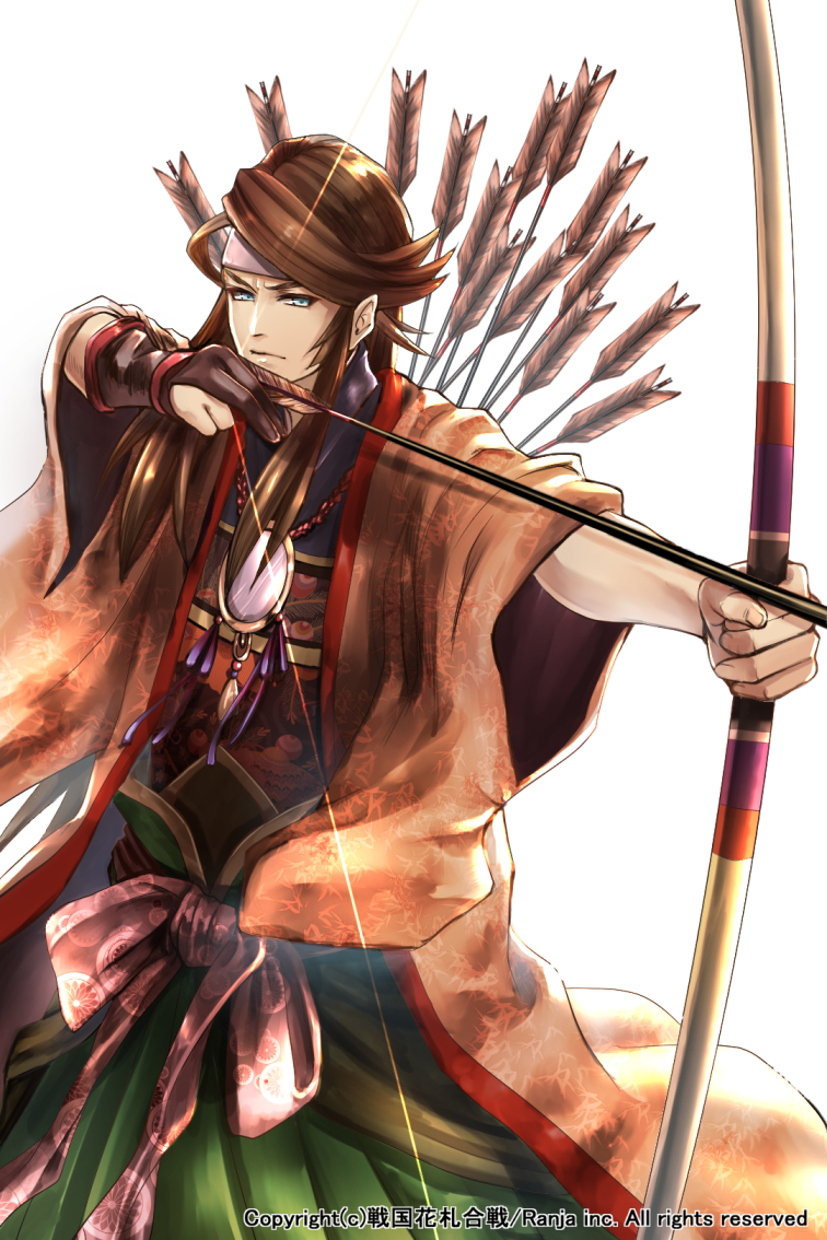 &gt;:| arrow blue_eyes bow_(weapon) brown_gloves brown_hair drawing_bow gloves green_hakama hakama headband japanese_clothes jewelry long_hair necklace official_art quiver sengoku_hanafuda_kassen standing weapon white_background wide_sleeves