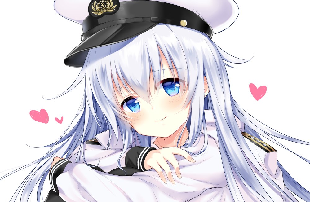 anchor_symbol belt black_legwear blue_eyes closed_mouth clothes_on_shoulders commentary_request hair_between_eyes hat heart hibiki_(kantai_collection) kantai_collection leg_hug long_hair long_sleeves looking_at_viewer military_hat motohara_moka peaked_cap remodel_(kantai_collection) school_uniform shirt silver_hair simple_background verniy_(kantai_collection) white_background white_hat white_shirt