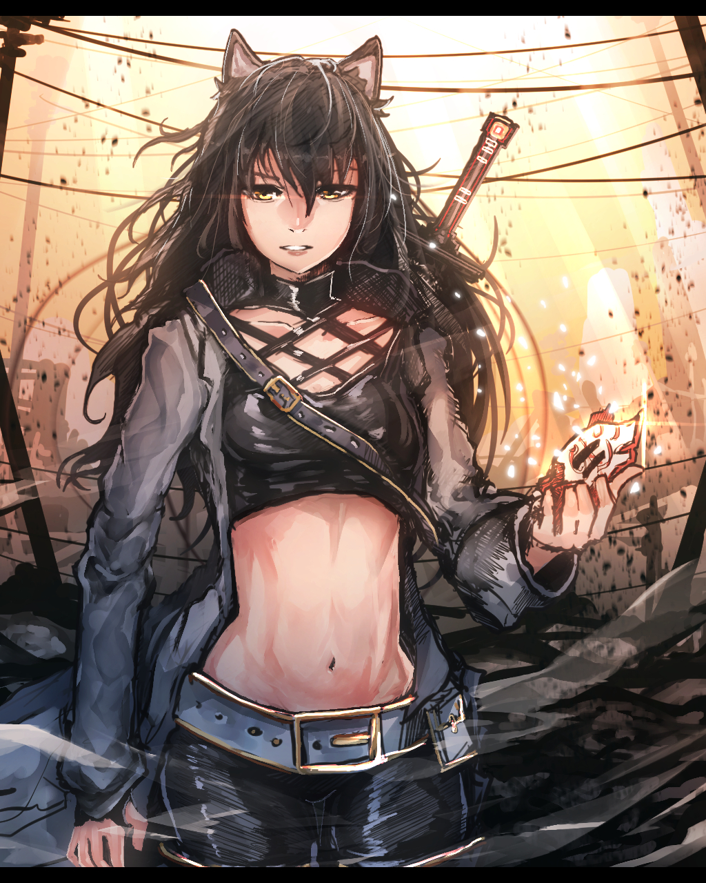 1girl animal_ears anonamos arm_at_side backlighting bangs belt belt_buckle black_hair black_pants black_shirt blake_belladonna breasts broken_mask buckle collarbone cowboy_shot crop_top gambol_shroud grey_jacket hair_between_eyes highres holding holding_mask jacket letterboxed long_hair long_sleeves looking_at_viewer mask midriff navel open_clothes open_jacket pants parted_lips rwby shirt solo standing strap teeth thigh_gap weapon yellow_eyes