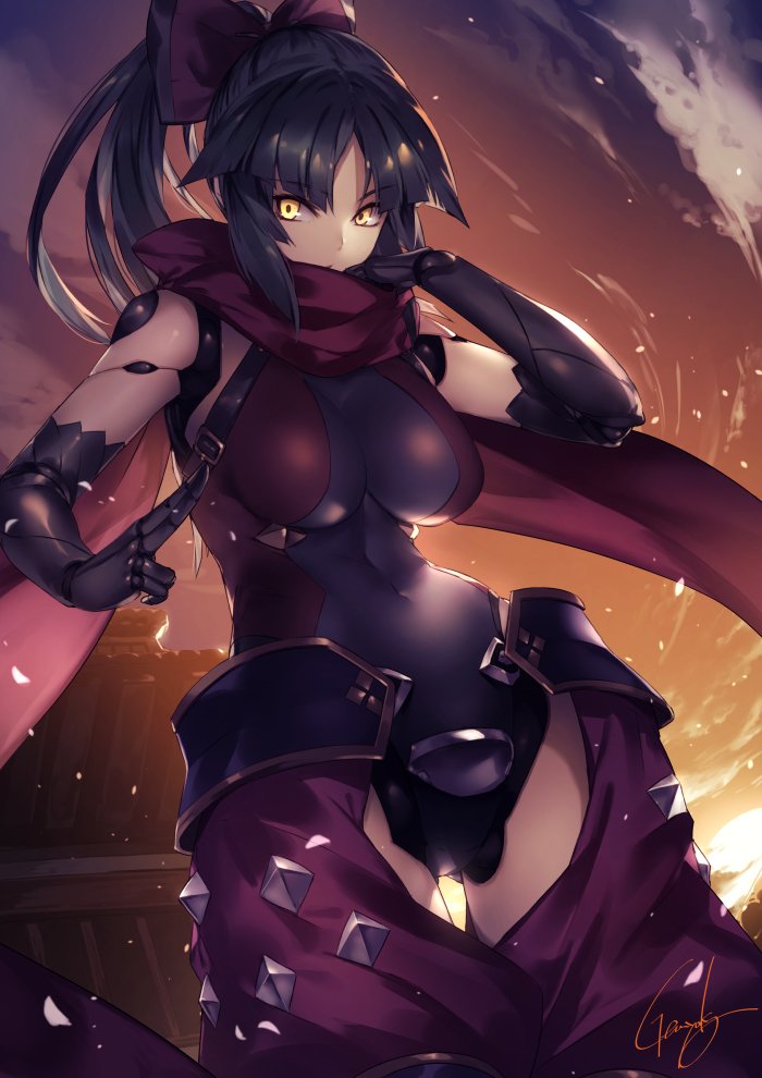 1girl architecture bangs black_hair bow breasts closed_mouth clouds commentary_request covered_navel east_asian_architecture eyebrows_visible_through_hair facing_viewer fate/grand_order fate_(series) gloves hair_bow katou_danzou_(fate/grand_order) kyouya_(mukuro238) large_breasts long_hair looking_at_viewer mecha_musume outdoors ponytail red_scarf robot_joints scarf skin_tight sky solo standing yellow_eyes