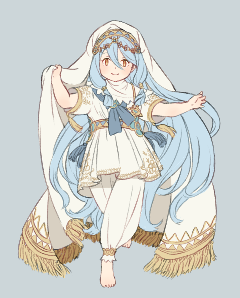 1girl age_regression ai-wa aqua_(fire_emblem_if) blue_background blue_hair child dress fire_emblem fire_emblem_heroes fire_emblem_if full_body long_hair looking_at_viewer nintendo orange_eyes simple_background smile solo white_dress younger