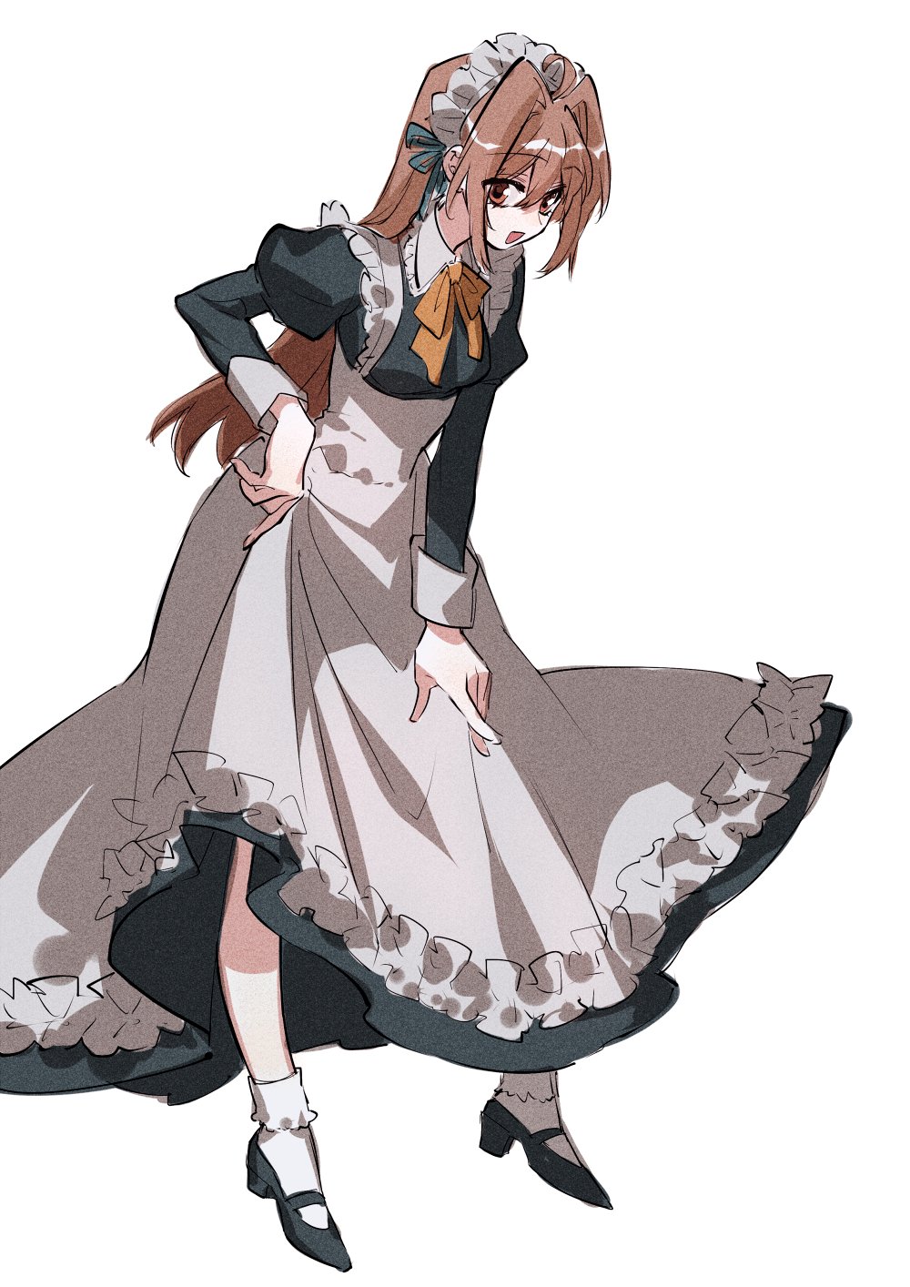 1girl alternate_costume apron black_footwear bow bowtie breasts brown_hair dress eiyuu_densetsu enmaided estelle_bright full_body hair_ribbon high_heels highres long_hair long_sleeves looking_at_viewer maid maid_headdress medium_breasts open_mouth puffy_long_sleeves puffy_sleeves red_eyes ribbon simple_background socks solo sora_no_kiseki towtow_redoland white_background