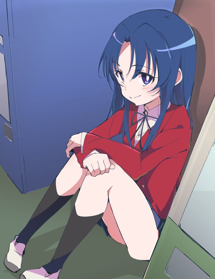 1girl black_legwear black_ribbon blazer blue_hair blue_skirt full_body ixy jacket kawashima_ami kneehighs long_hair looking_at_viewer oohashi_high_school_uniform red_jacket ribbon school_uniform sitting skirt solo toradora! vending_machine violet_eyes