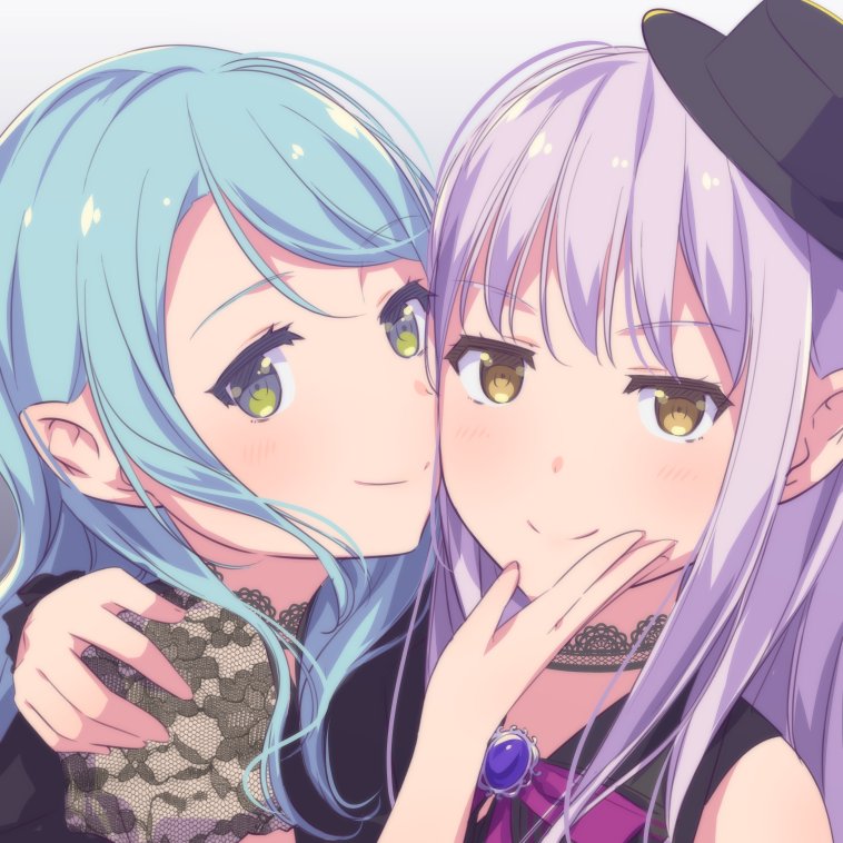 2girls aqua_hair arm_around_shoulder ayasaka bang_dream! bangs black_choker black_hat blush brooch brown_eyes cheek-to-cheek choker closed_mouth commentary_request couple female green_eyes hand_on_another's_chin hand_up hat highres hikawa_sayo jewelry lace lace_choker lace_trim lavender_hair long_hair looking_at_viewer minato_yukina multiple_girls portrait sleeveless smile upper_body yellow_eyes yuri