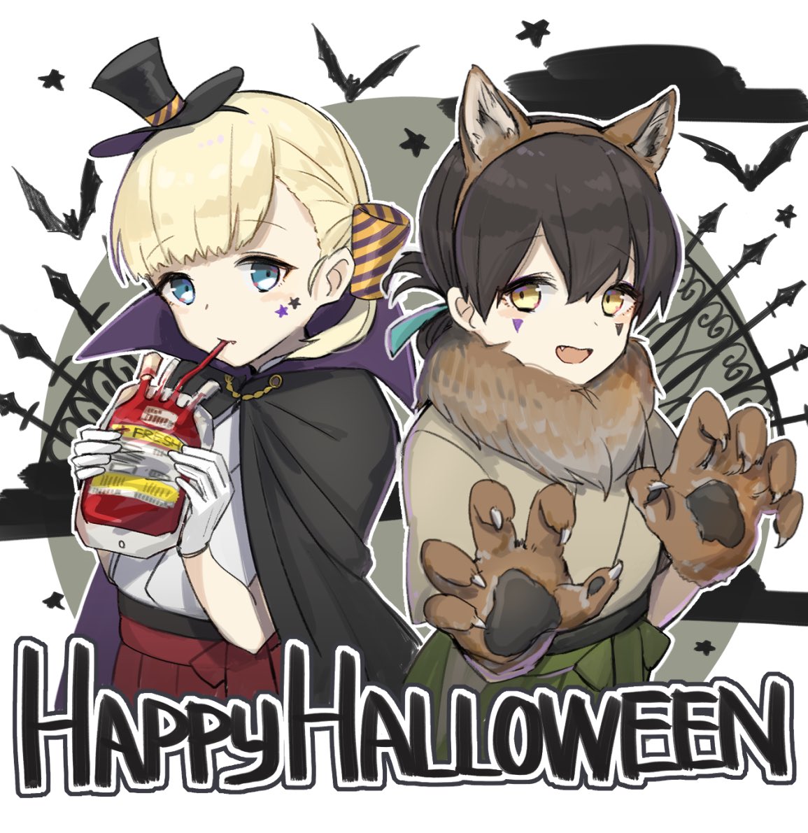 2girls animal_ears bangs bat black_cape blonde_hair blue_eyes blue_ribbon blunt_bangs brown_eyes brown_hair cape claw_pose dougi drinking english eyebrows_visible_through_hair fake_animal_ears fang folded_ponytail green_skirt hair_ornament hakama_skirt halloween halloween_costume hat japanese_clothes kantai_collection long_hair looking_at_viewer multiple_girls paw_pose red_skirt ribbon shin'you_(kantai_collection) skirt taiyou_(kantai_collection) tareme top_hat vampire_costume werewolf wolf_ears yamashiki_(orca_buteo)