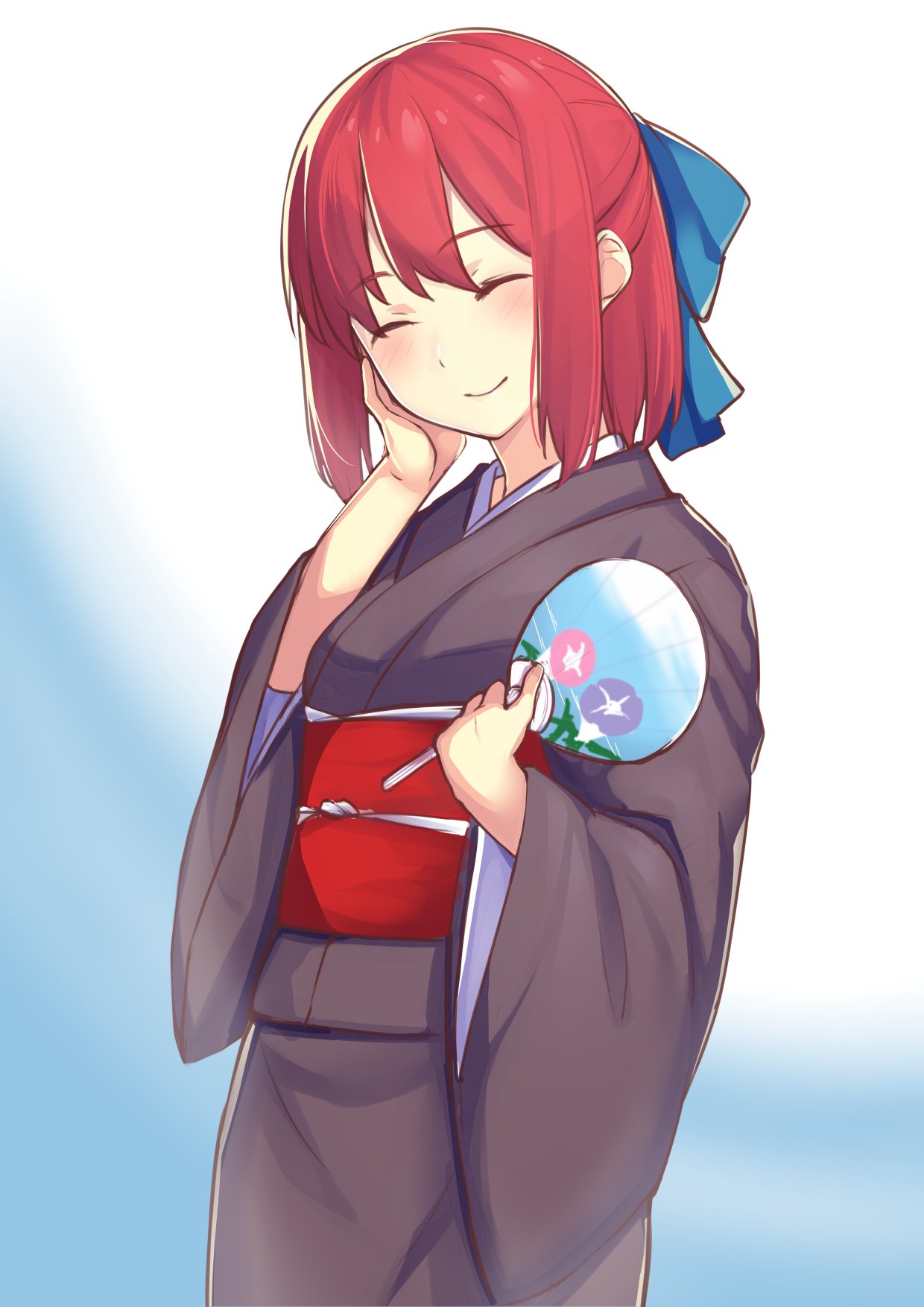 1girl blue_bow blush bow brown_kimono closed_eyes fan goemon1110 gradient gradient_background hair_bow hand_on_own_cheek head_tilt highres holding holding_fan japanese_clothes kimono kohaku obi redhead sash short_hair smile solo standing tsukihime yukata