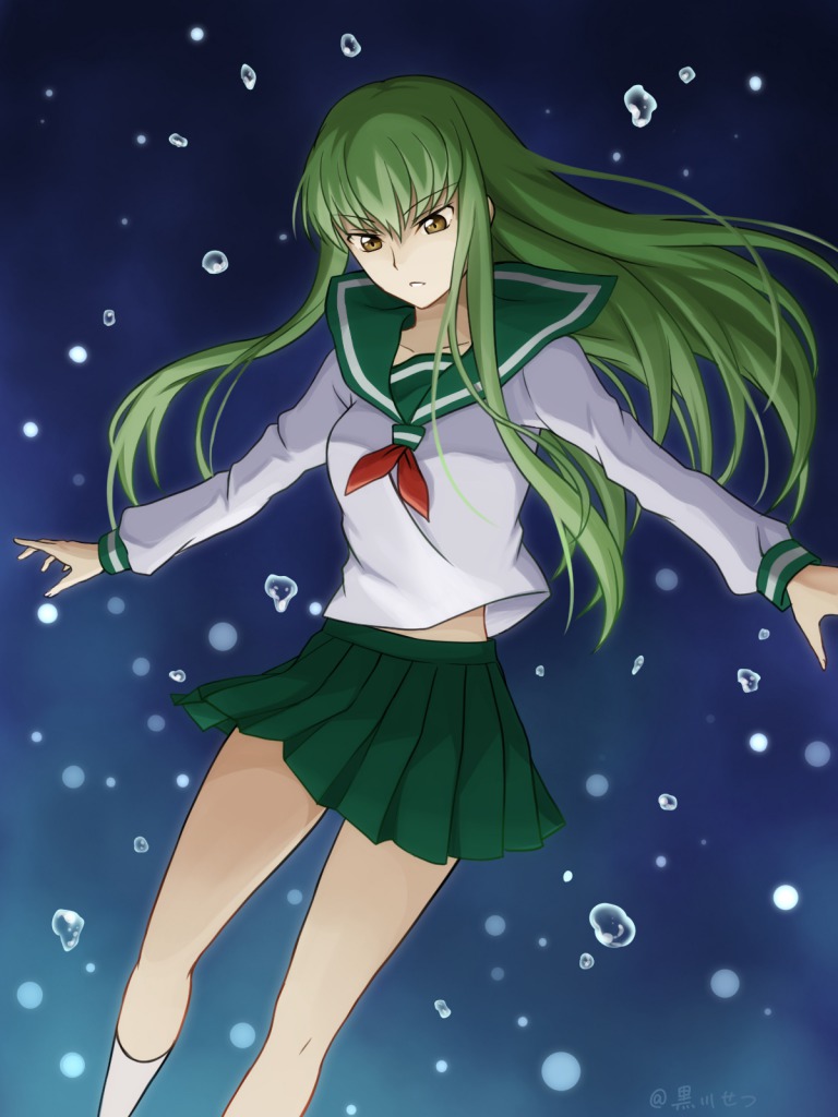 1girl bangs brown_eyes bubble c.c. code_geass collarbone cosplay eyebrows_visible_through_hair floating_hair green_hair higurashi_kagome higurashi_kagome_(cosplay) long_hair long_sleeves miniskirt neckerchief outstretched_arms parted_lips pleated_skirt red_neckwear sailor_collar school_uniform setu_kurokawa shirt skirt solo underwear very_long_hair white_legwear white_shirt