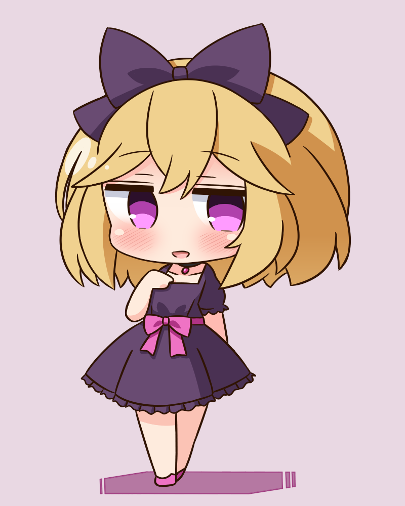 1girl :d bangs black_choker blonde_hair blush bow chibi choker collarbone commentary_request dress erie_(tonari_no_kyuuketsuki-san) eyebrows_visible_through_hair frilled_dress frills full_body hair_between_eyes hair_bow hana_kazari hand_up long_hair looking_at_viewer open_mouth pink_background pink_bow pleated_dress puffy_short_sleeves puffy_sleeves purple_bow purple_dress short_sleeves smile solo standing tonari_no_kyuuketsuki-san violet_eyes