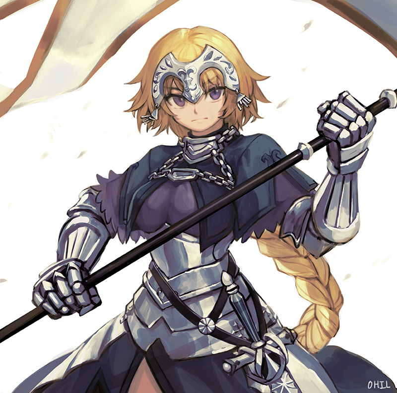 1girl armor armored_dress banner black_capelet blonde_hair braid breasts capelet chains closed_mouth dress eyebrows_visible_through_hair fate/apocrypha fate_(series) flag gauntlets headpiece holding jeanne_d'arc_(fate) jeanne_d'arc_(fate)_(all) long_hair medium_breasts ohil_(ohil822) purple_dress single_braid solo sword very_long_hair violet_eyes weapon