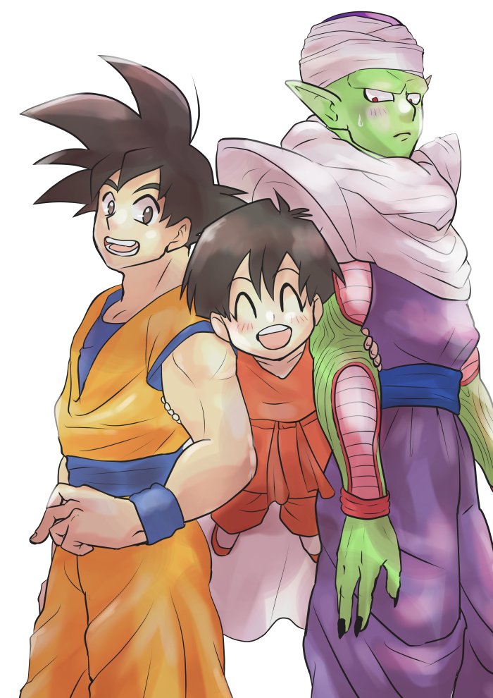 1girl 2boys :d ^_^ black_hair blush cape closed_eyes closed_eyes dougi dragon_ball dragonball_z eyebrows_visible_through_hair fingernails floating full_body grandfather_and_granddaughter happy locked_arms looking_at_another looking_up multiple_boys nervous open_mouth pan_(dragon_ball) piccolo pointy_ears red_eyes short_hair simple_background smile son_gokuu spiky_hair standing sweatdrop teeth turban upper_body white_background wristband