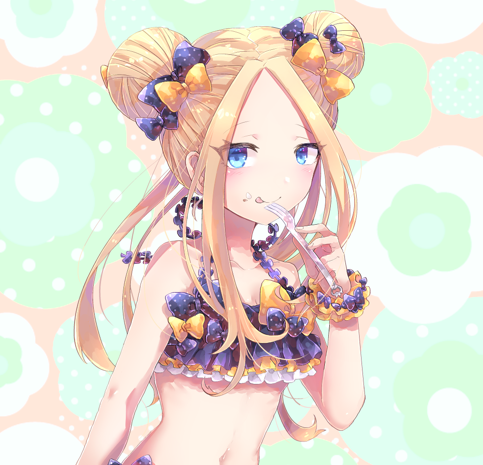 1girl abigail_williams_(fate/grand_order) alternate_hairstyle bangs bare_shoulders bikini black_bikini black_bow black_hat blonde_hair blue_eyes blush bow breasts closed_mouth collarbone double_bun emerald_float fate/grand_order fate_(series) forehead fork frilled_bikini frills fuji_den_fujiko hair_bow hat licking_lips long_hair looking_at_viewer navel orange_bow parted_bangs polka_dot polka_dot_bow scrunchie small_breasts solo swimsuit tongue tongue_out waist wrist_scrunchie