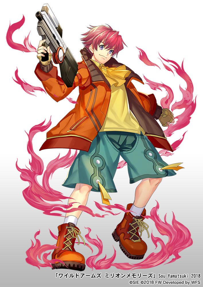 1boy blue_eyes blue_shorts brown_gloves cross-laced_footwear fingerless_gloves fire flame full_body gloves gun holding holding_gun holding_weapon jacket jude_maverick looking_at_viewer male_focus official_art orange_footwear orange_jacket redhead shorts solo standing weapon white_background wild_arms wild_arms:_million_memories yamatsuki_sou yellow_neckwear