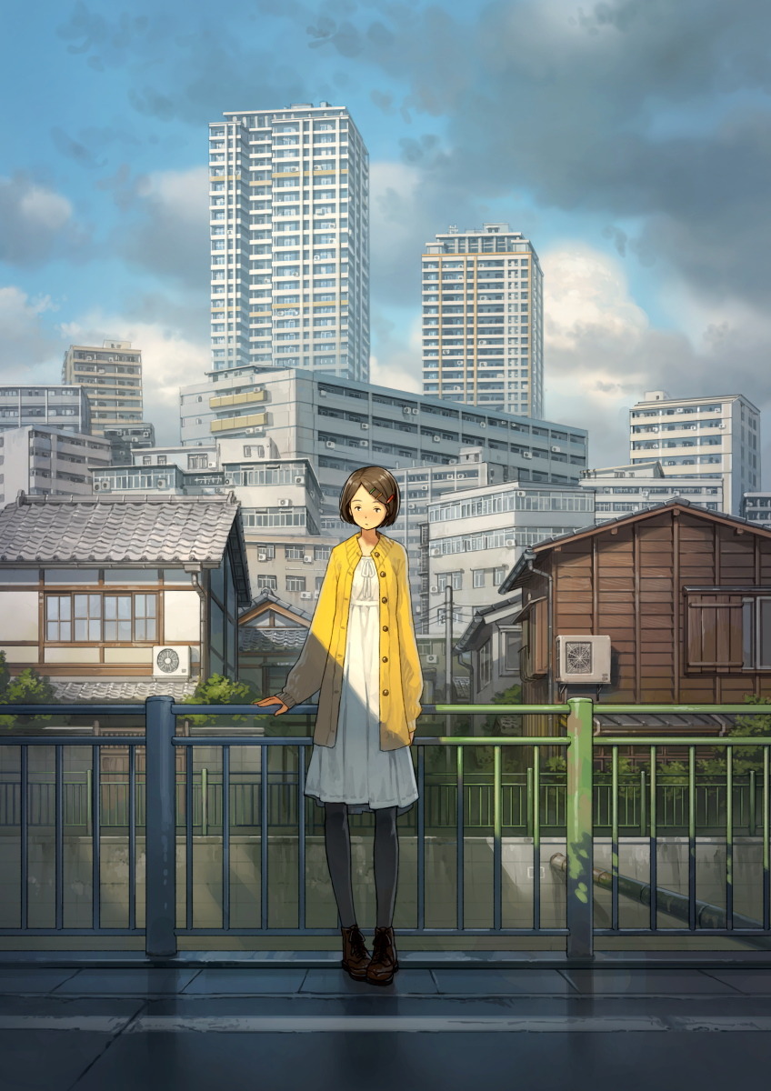 1girl brown_hair building city cityscape day dress grey_legwear hair_ornament hairclip highres looking_at_viewer open_clothes original outdoors pantyhose railing short_hair solo standing tower white_dress yoshida_seiji