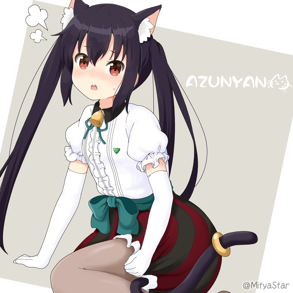 1girl alternate_costume animal_ears bell birthday black_hair blush brown_eyes brown_legwear cat_ears cat_tail commentary elbow_gloves gloves k-on! long_hair looking_at_viewer miicha nakano_azusa open_mouth pantyhose puffy_short_sleeves puffy_sleeves red_skirt shirt short_sleeves skirt solo striped striped_skirt tail twintails twitter_username white_gloves white_shirt