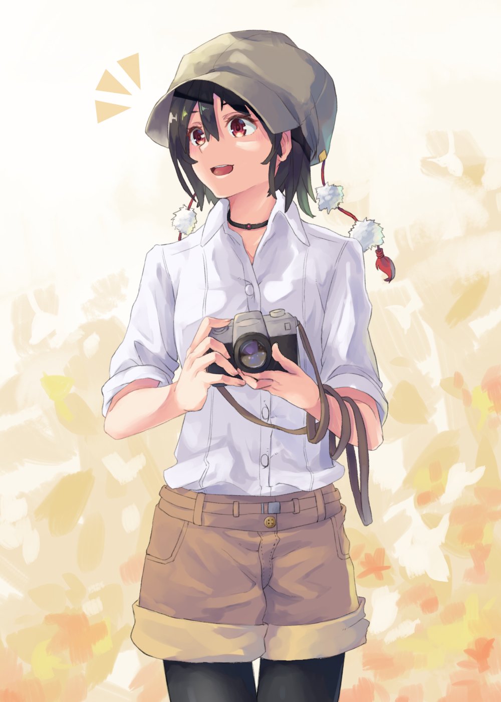 /\/\/\ 1girl belt black_choker black_hair black_legwear brown_hat brown_shorts buttons cabbie_hat camera choker collared_shirt cowboy_shot dress_shirt hair_between_eyes hat highres holding holding_camera looking_to_the_side mumyuu open_mouth pantyhose pom_pom_(clothes) red_eyes shameimaru_aya shiny shiny_hair shirt short_hair shorts smile solo standing touhou white_shirt wing_collar