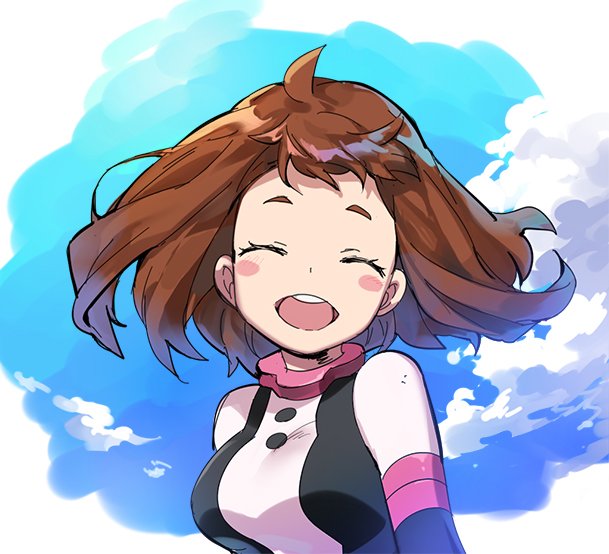 1girl :d blush_stickers bodysuit boku_no_hero_academia breasts brown_hair closed_eyes jinno_(megacake) large_breasts open_mouth short_eyebrows short_hair smile solo upper_body uraraka_ochako