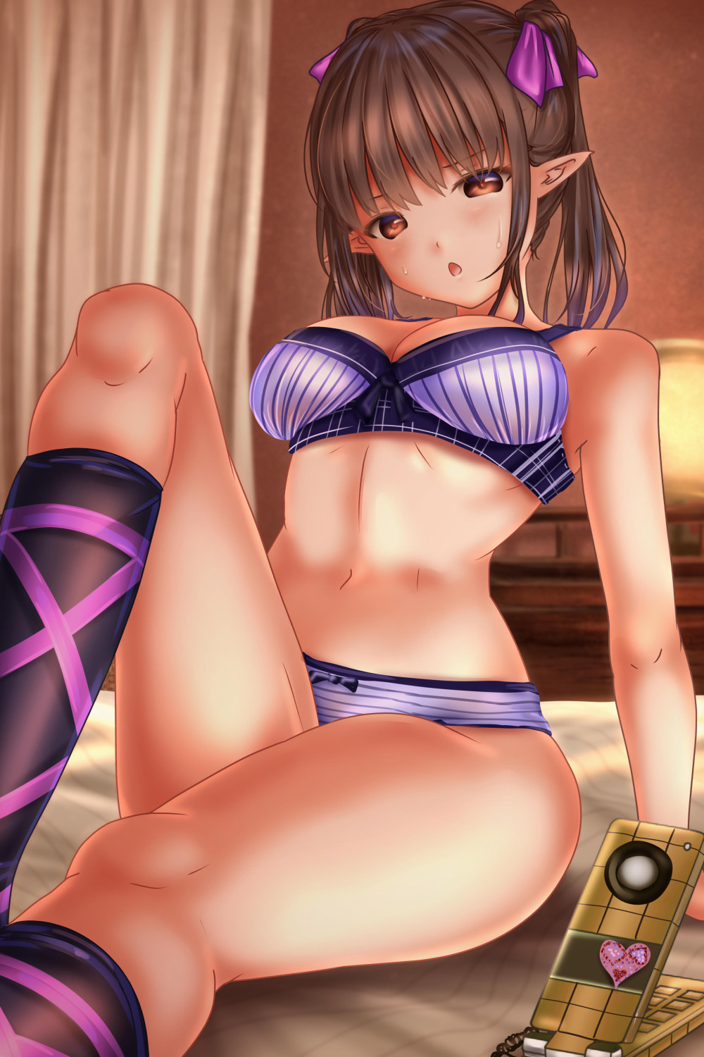 1girl arm_support bare_shoulders bed bow bow_bra bow_panties bra breasts brown_eyes brown_hair cellphone curtains eyebrows_behind_hair feet_out_of_frame heart highres himekaidou_hatate large_breasts looking_at_viewer navel on_bed open_mouth panties phone pointy_ears short_twintails shounen_(hogehoge) sitting sitting_on_bed solo sweat thick_thighs thighs touhou twintails underwear underwear_only