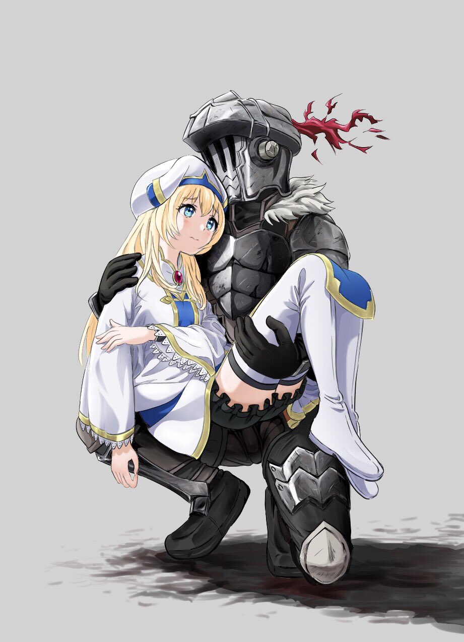 1boy 1girl armor black_gloves blonde_hair bloomers blue_eyes blush boots carrying closed_mouth dress frills full_body gloves goblin_slayer goblin_slayer! hat helmet highres knight long_hair long_sleeves priestess_(goblin_slayer!) princess_carry squatting thigh-highs thigh_boots to_gemichi underwear wide_sleeves