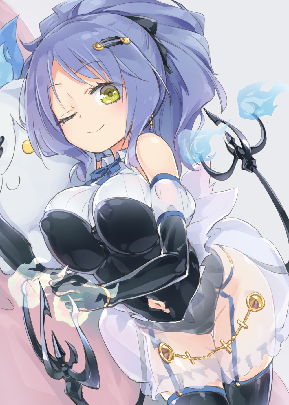 1girl bangs bare_shoulders black_bow black_gloves black_legwear blue_hair blue_neckwear bow bracelet breasts chandelure closed_mouth collared_shirt covered_nipples creatures_(company) earrings elbow_gloves eyebrows_visible_through_hair fire game_freak garter_straps gen_5_pokemon gloves green_eyes groin hair_bow hair_ornament hairclip highres homura_subaru hug jewelry large_breasts leotard litwick long_hair looking_at_viewer lying navel navel_cutout neck_ribbon nintendo on_side one_eye_closed personification pokemon pokemon_(creature) ponytail ribbon see-through shirt skirt sleeveless sleeveless_shirt smile thigh-highs thighs white_skirt